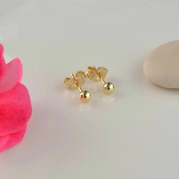 Stud Bead Ball 3mm Earrings 14k Gold Plated Luxury Jewelry - Picture 2 of 9